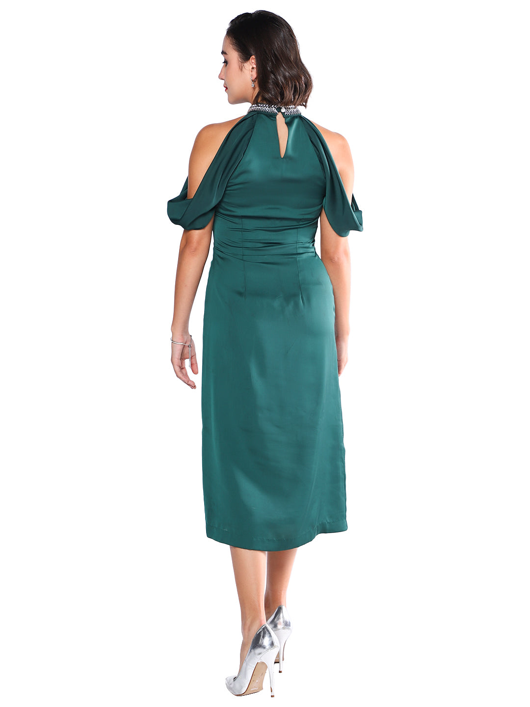 Exude Emerald Aura Cold-Shoulder Satin Dress