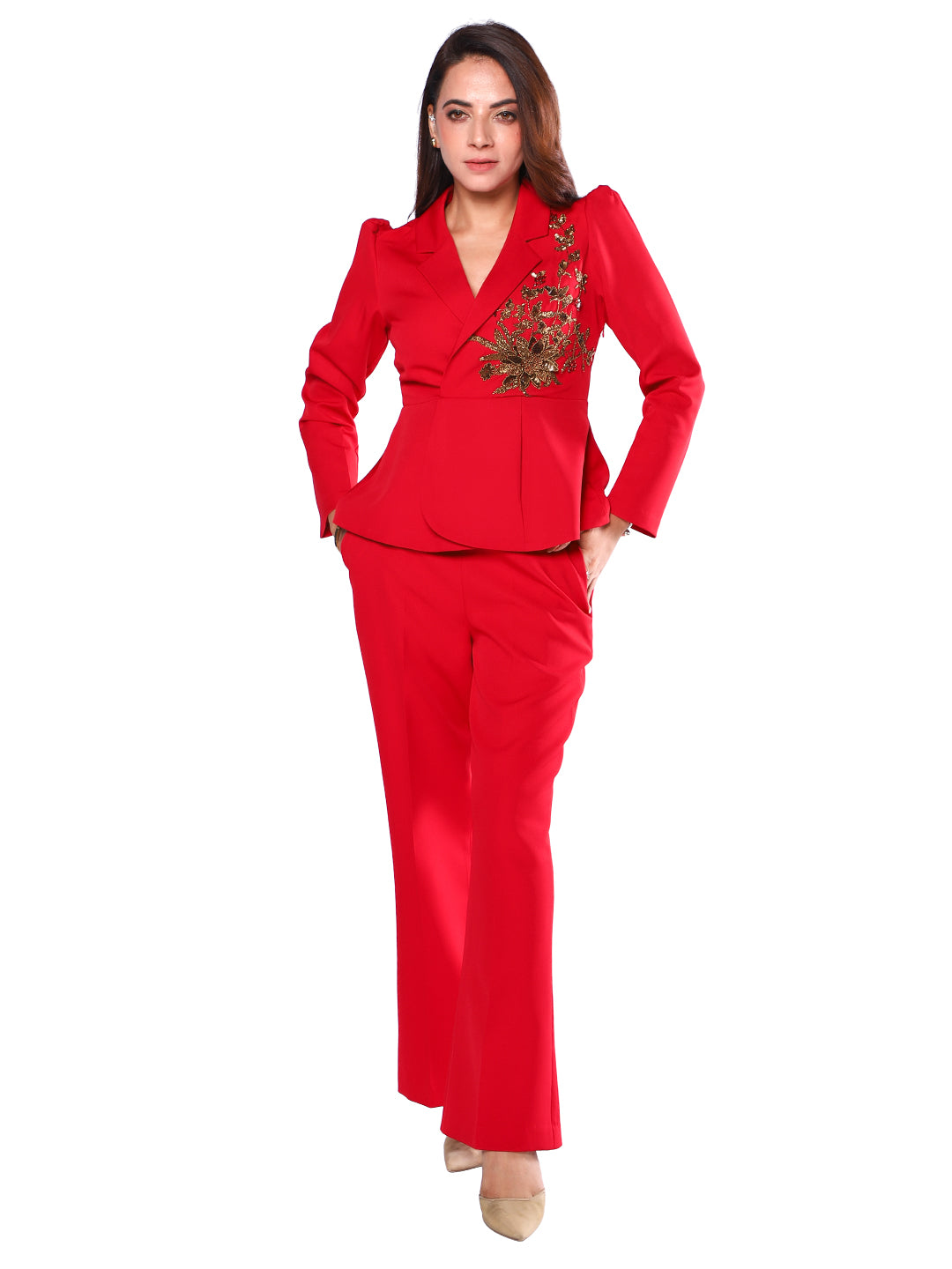 Exude Scarlet Bloom Embroidered Blazer Set