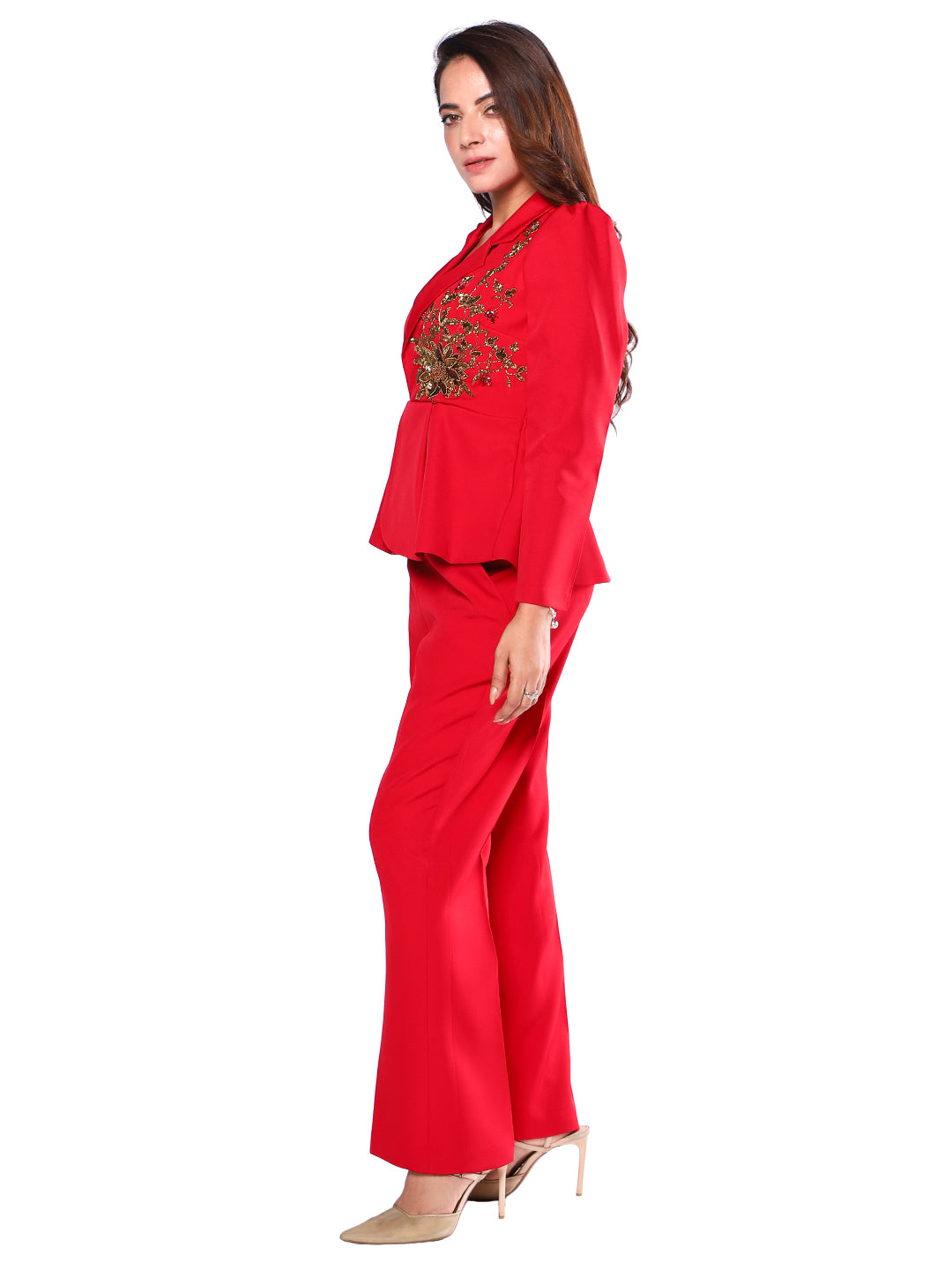 Exude Scarlet Bloom Embroidered Blazer Set