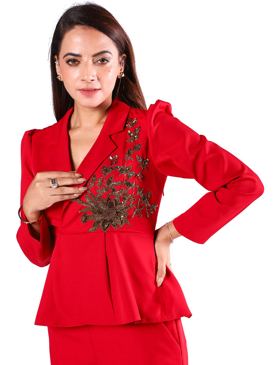 Exude Scarlet Bloom Embroidered Blazer Set