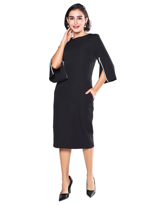 Exude Midnight Grace Pearl Sleeve Midi Dress