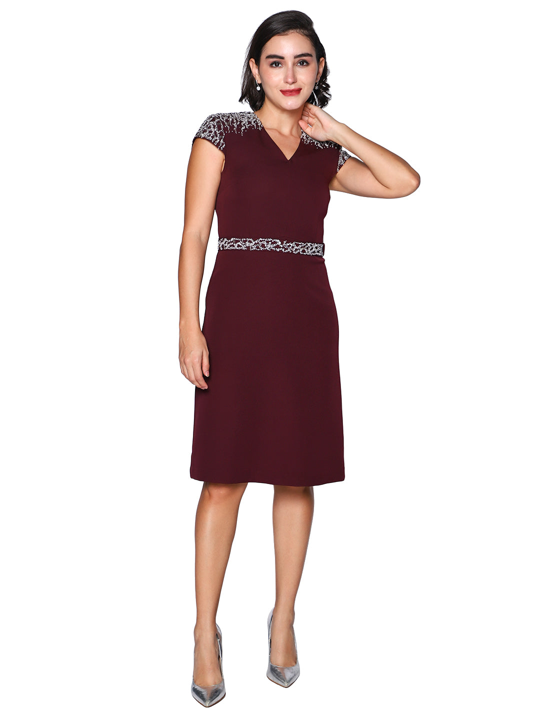 Wine Grace Embellished Midi Dress