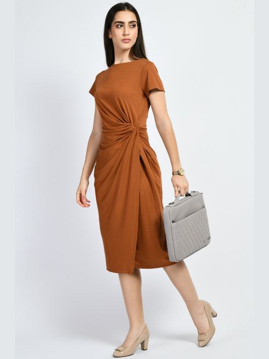 Exude Luminosity Side Knot Wrap Dress Tan Brown Dresses