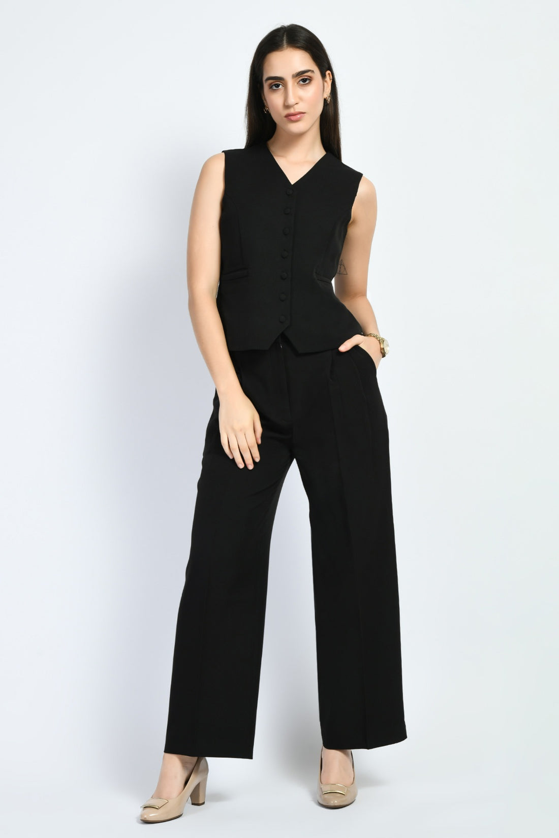 Exude Elusiveness Solid Wide Leg Trousers With Waist-Coat Top Co-ord (Black)