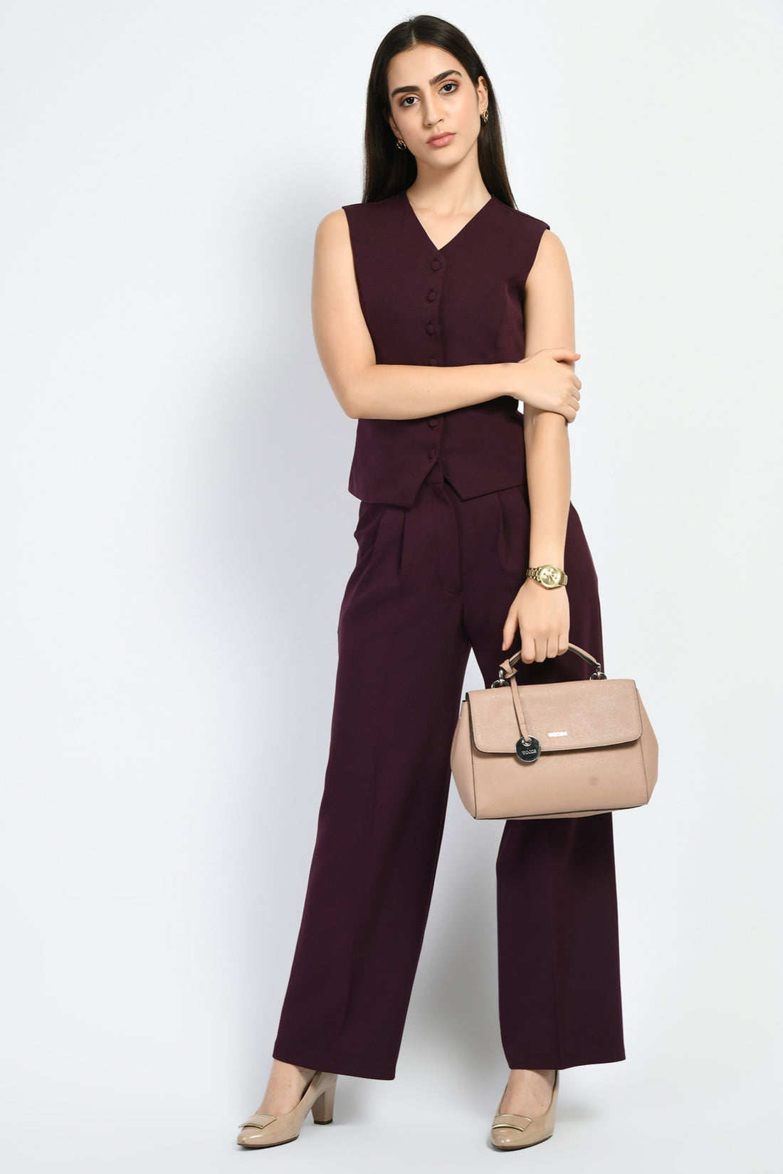 Exude Elusiveness Solid Wide Leg Trousers With Waist-Coat Top Co-ord (Wine)