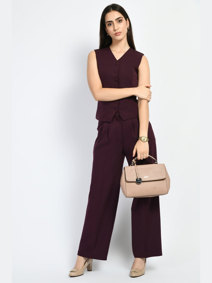 Exude Elusiveness Solid Wide Leg Trousers With Waist-Coat Top Co-ord Wine Co-ord Sets