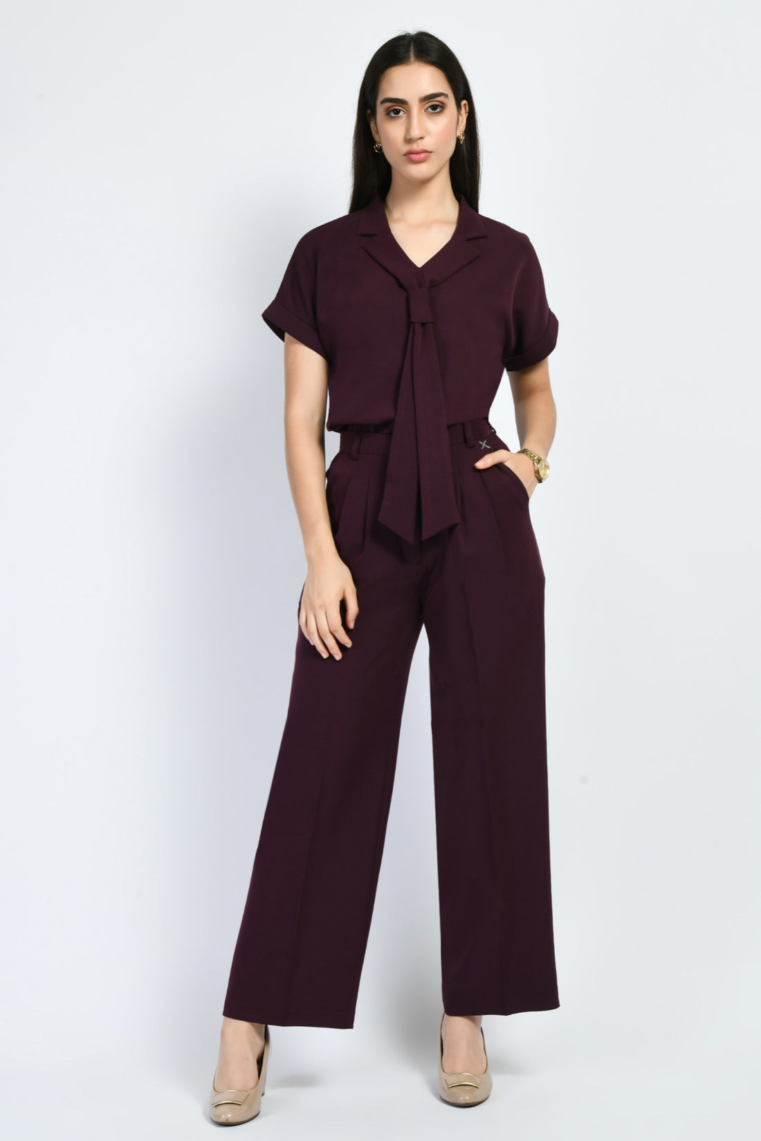 Exude Magnetism Solid Wide Leg Trousers With Blazer Tie Top Co-ord (Wine)