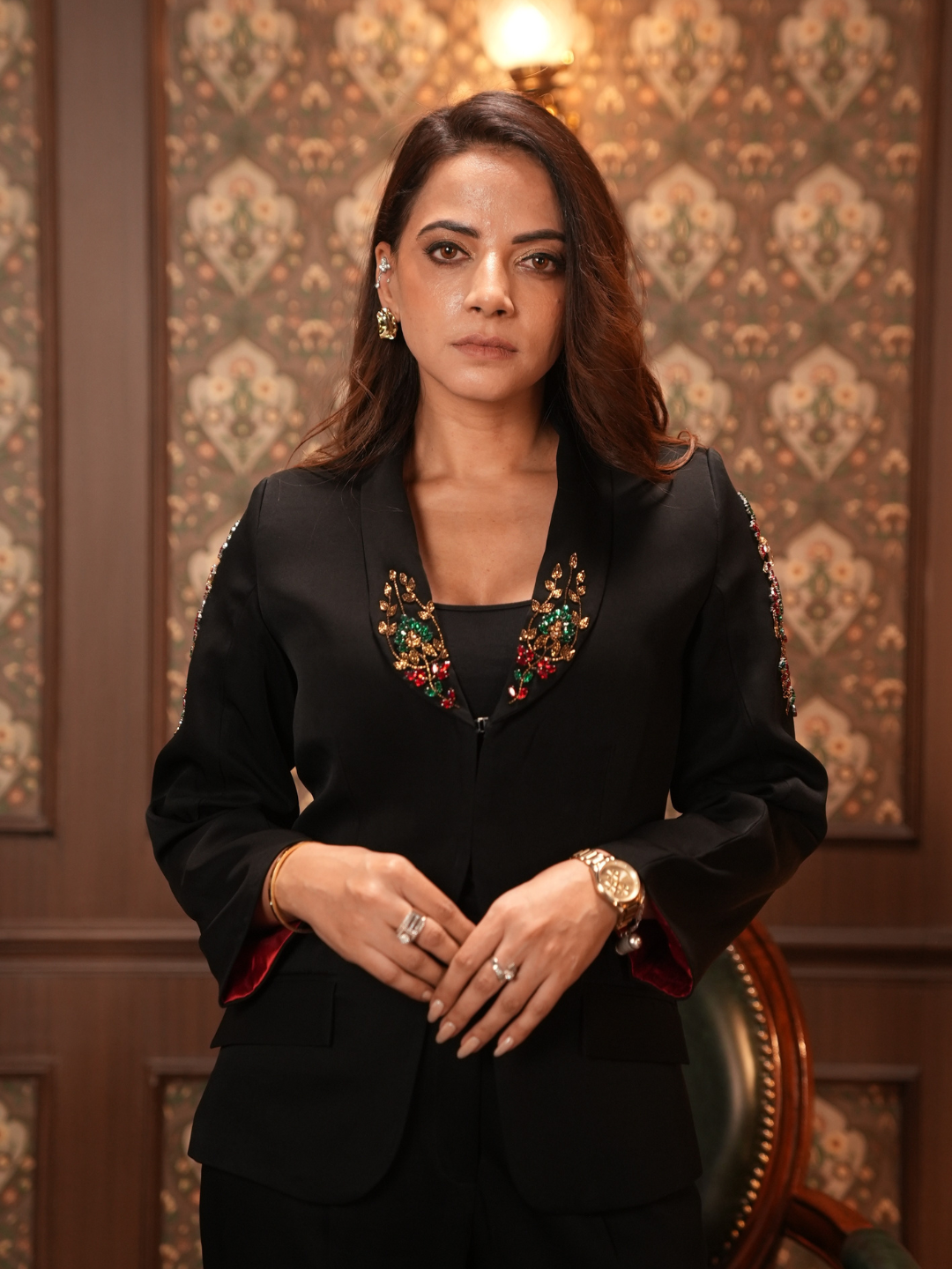 Exude Noir Blossom Embroidered Pantsuit Blazers