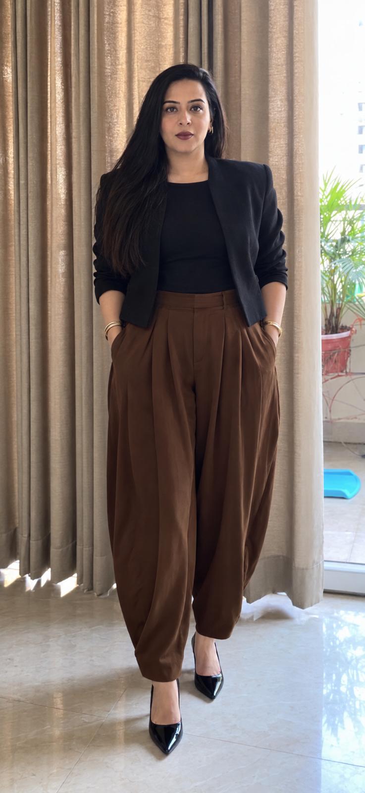 Brown Pleated Balloon Trousers Co-ord Set