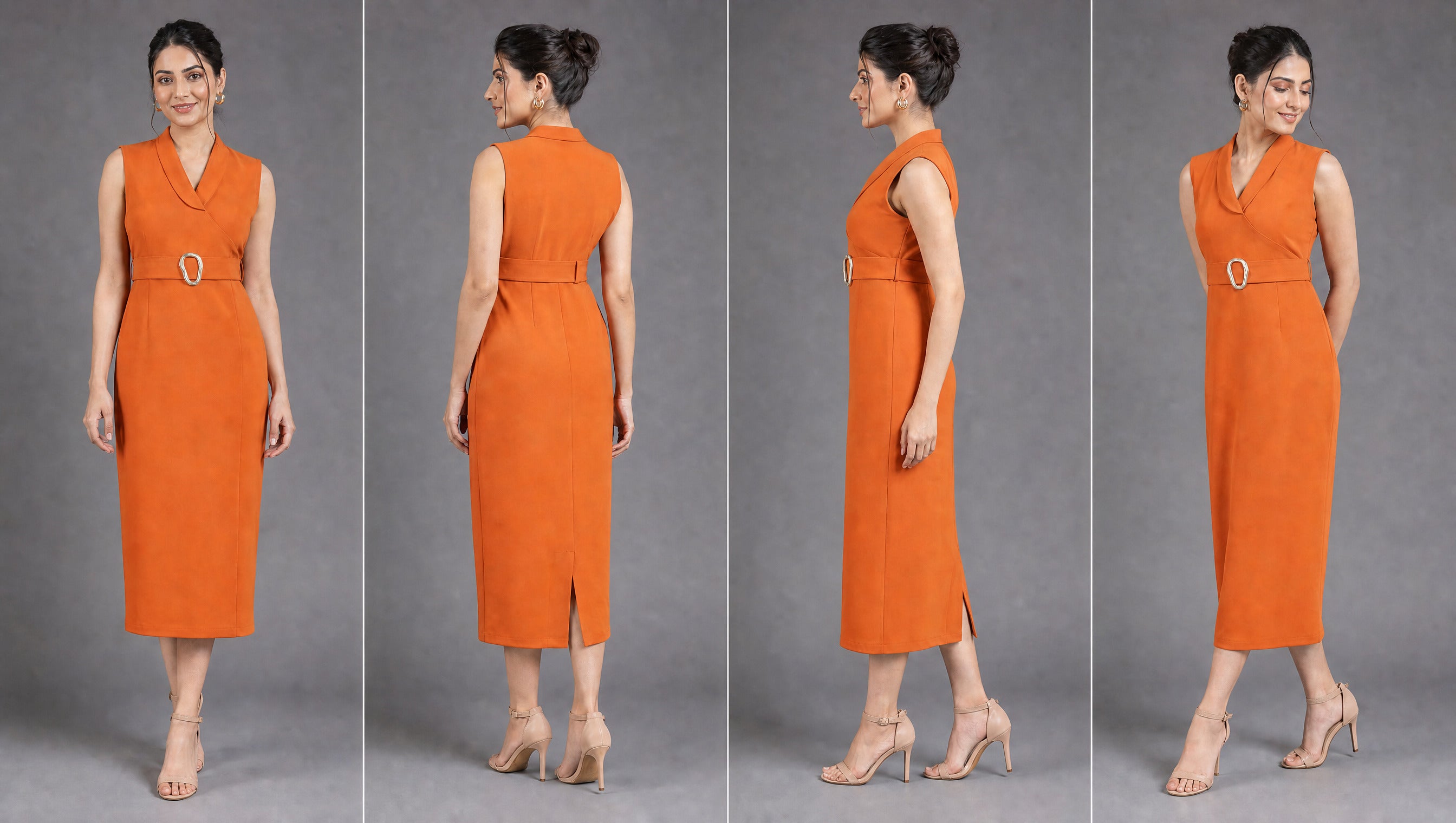 Rust Orange Belted Midi Sheath Dress with Lapel Neckline