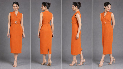 Rust Orange Belted Midi Sheath Dress with Lapel Neckline