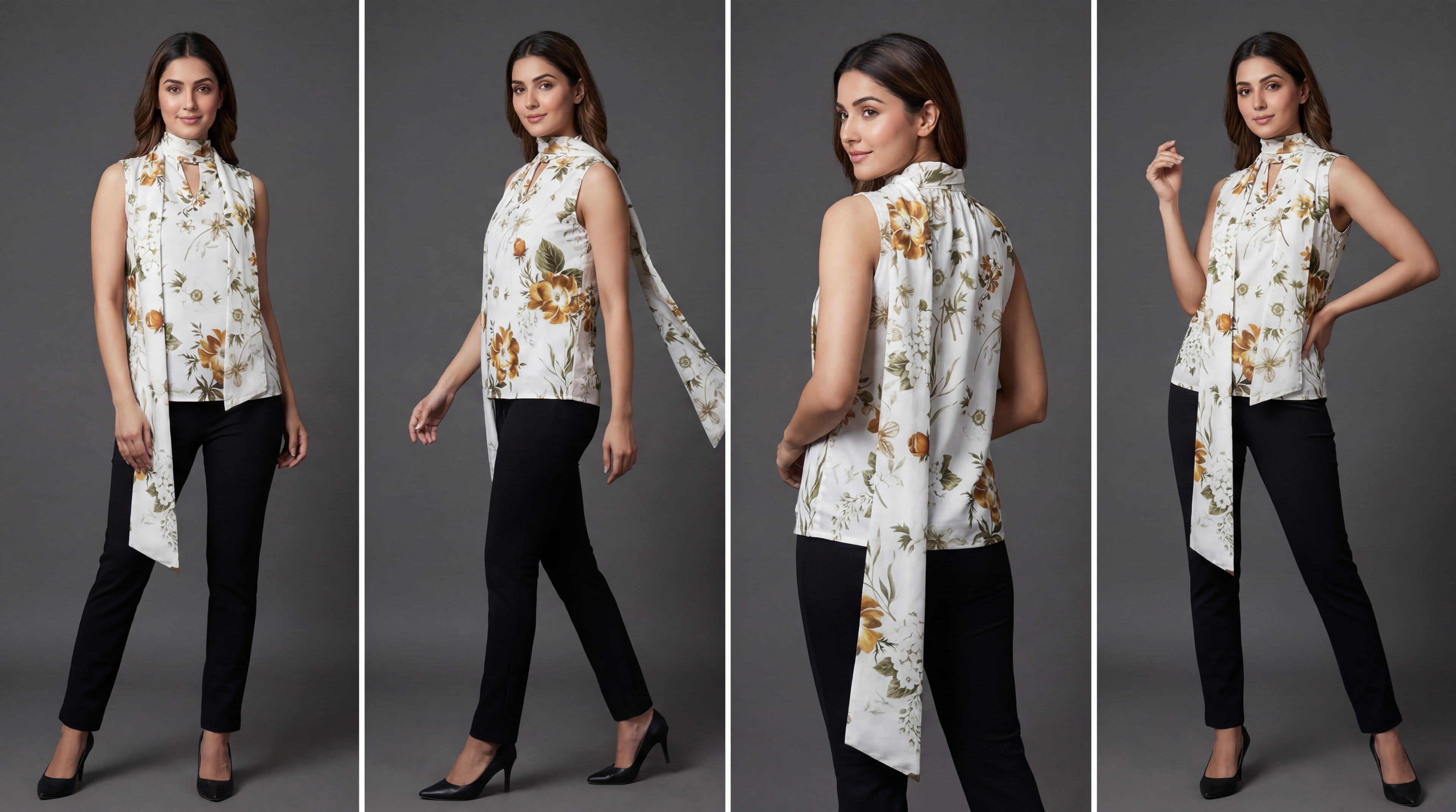 Ivory Floral Print Sleeveless Top with Attached Scarf