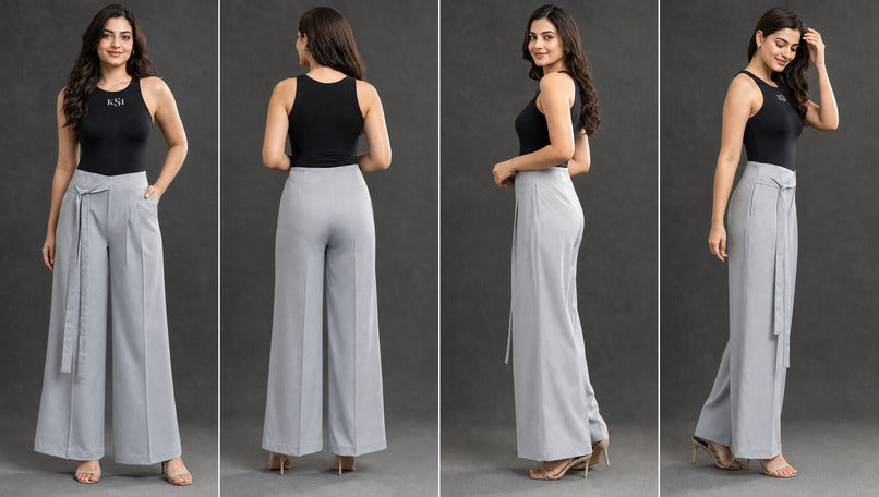 Grey High-Waist Wide Leg Trousers with Tie Belt