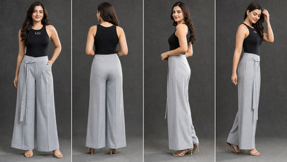 Grey High-Waist Wide Leg Trousers with Tie Belt