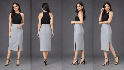 Grey High-Waist Midi Pencil Skirt with Front Slit
