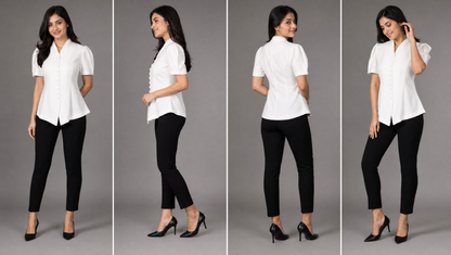 White Puff Sleeve V-Neck Button-Down Cinched waist Top