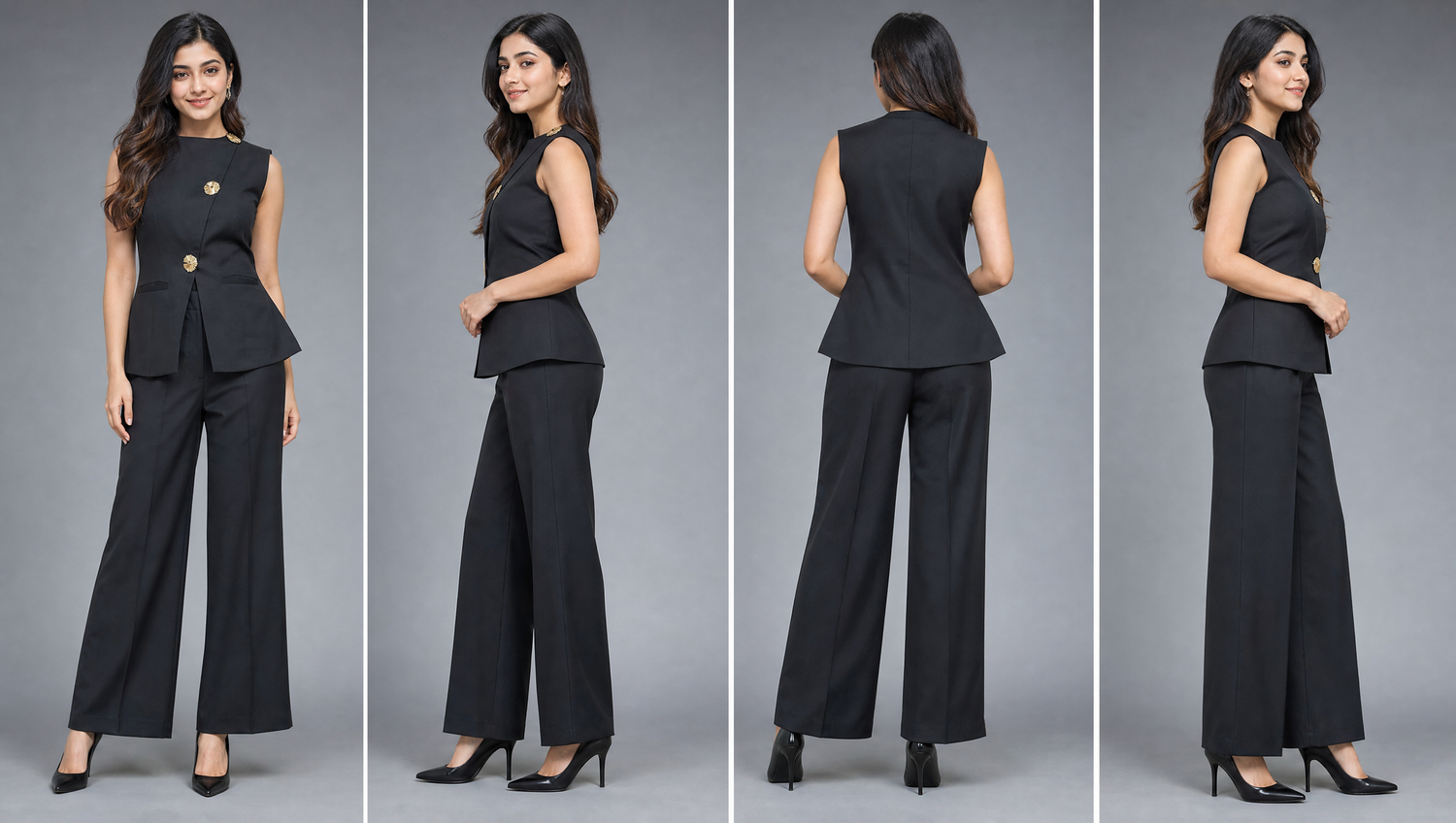 Black Asymmetric Waistcoat Top &amp; Wide Leg Trouser Co-ord Set with Gold Button Detail