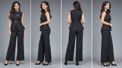 Black Asymmetric Waistcoat Top &amp; Wide Leg Trouser Co-ord Set with Gold Button Detail