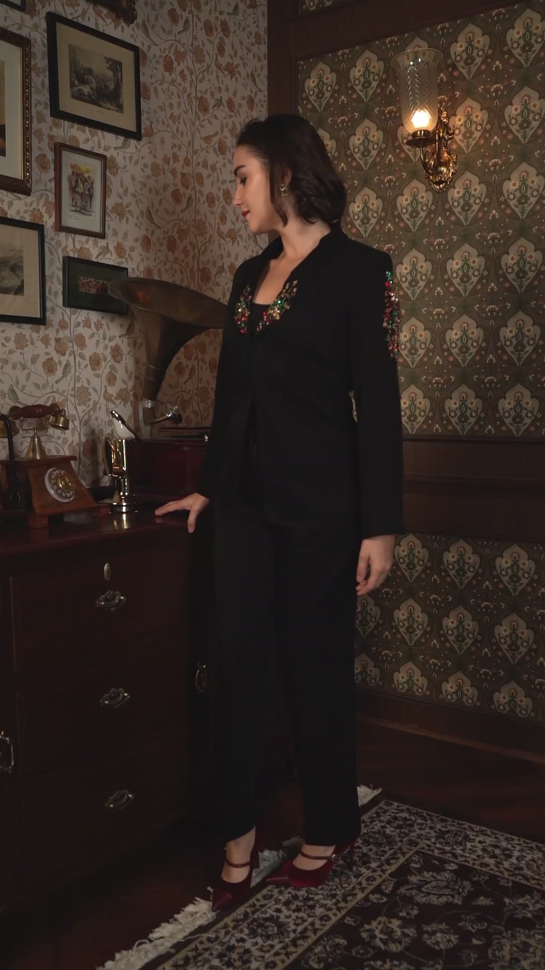 Exude Noir Blossom Embroidered Pantsuit