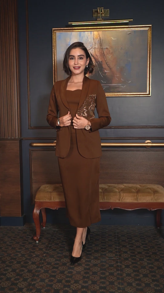 Exude Mocha Grace Embroidered Blazer Skirt Set