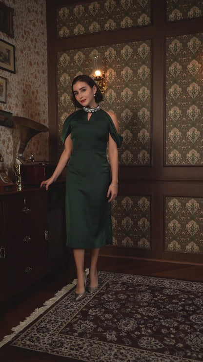 Exude Emerald Aura Cold Shoulder Satin Dress
