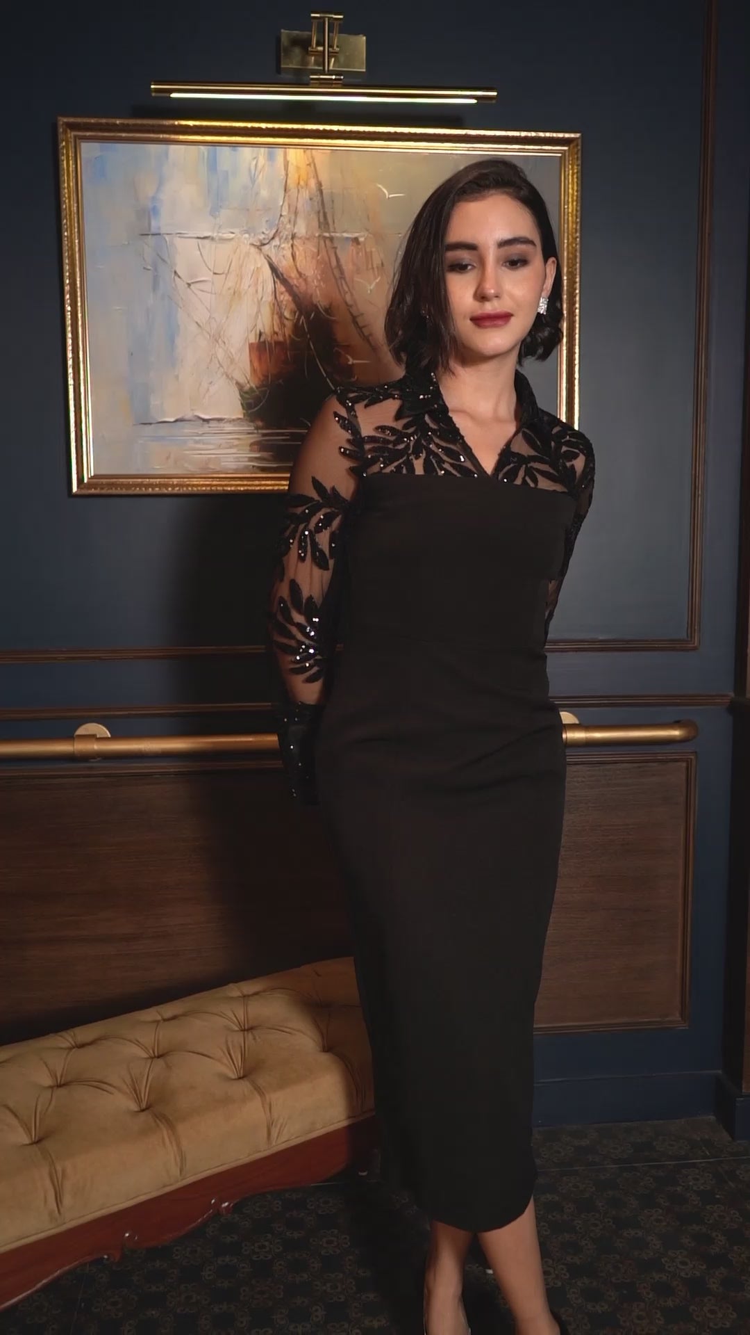 Exude Marina Noir Sequin Sheer-Sleeve Dress