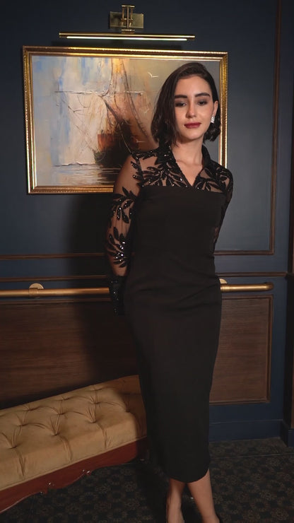 Exude Marina Noir Sequin Sheer-Sleeve Dress