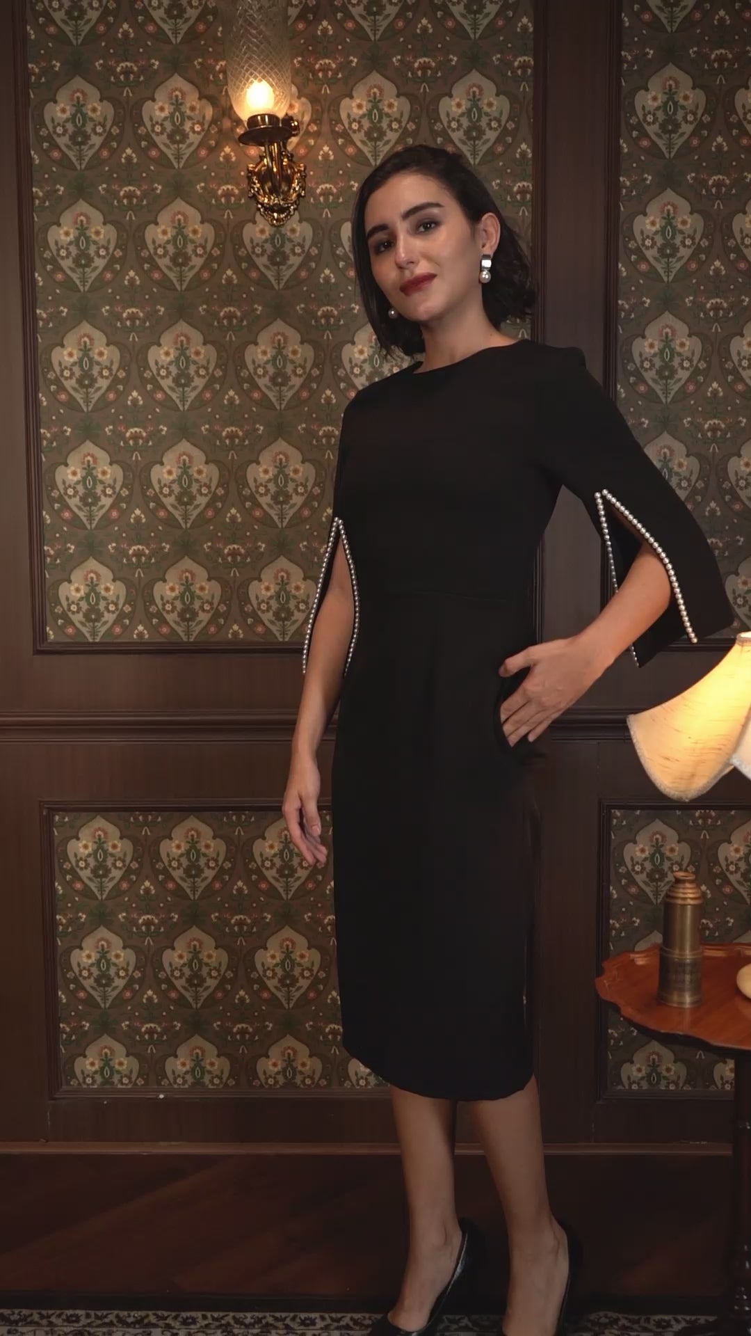Exude Midnight Grace Pearl Sleeve Midi Dress