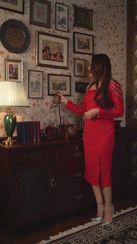 Exude Marina – Red Embellished Midi Dress