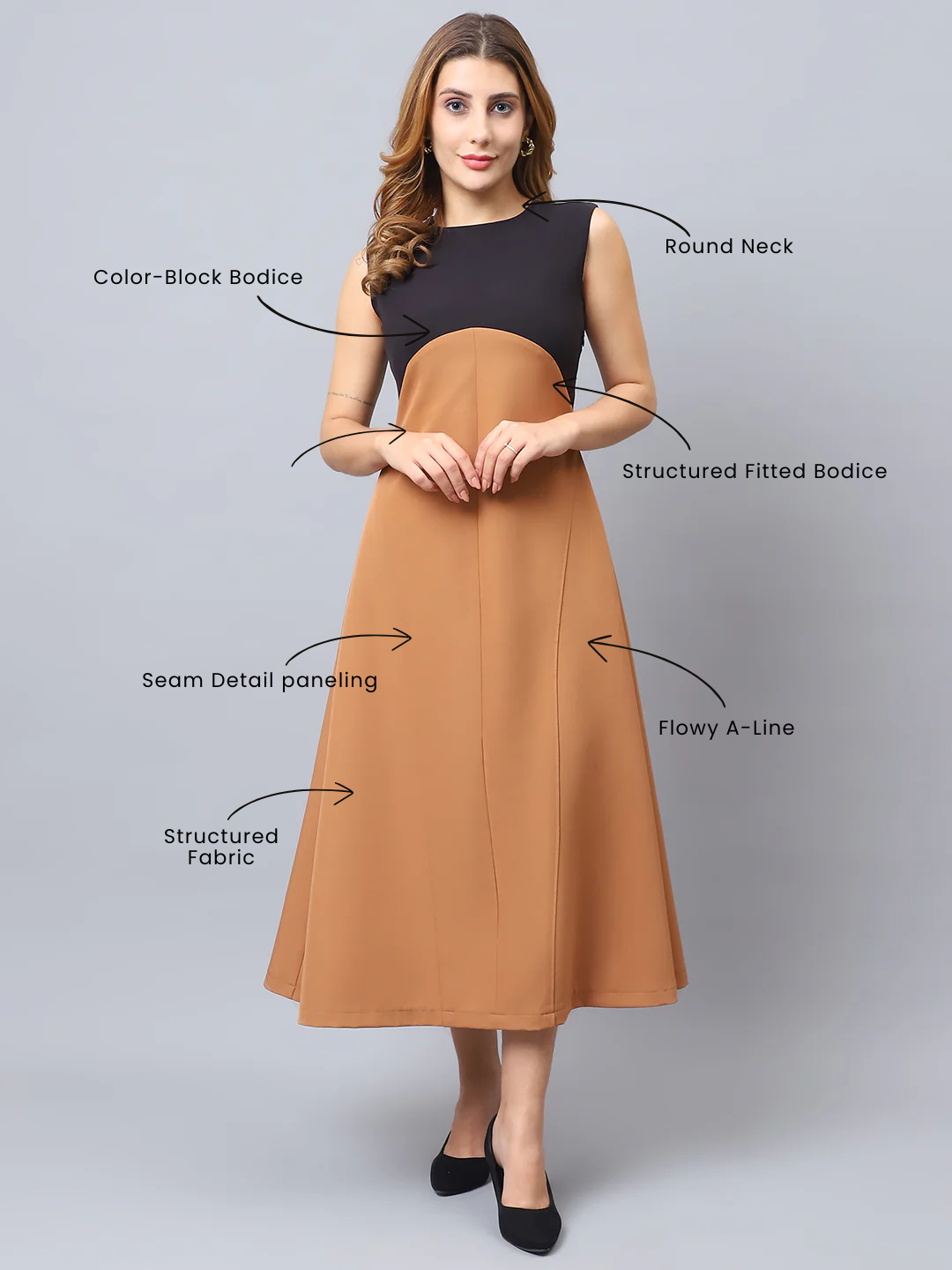 Exude Noir Panel Midi Dress