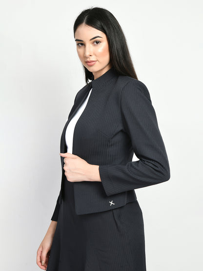 Exude Power Striped Mandarin Collar Short Blazer Navy Blazers