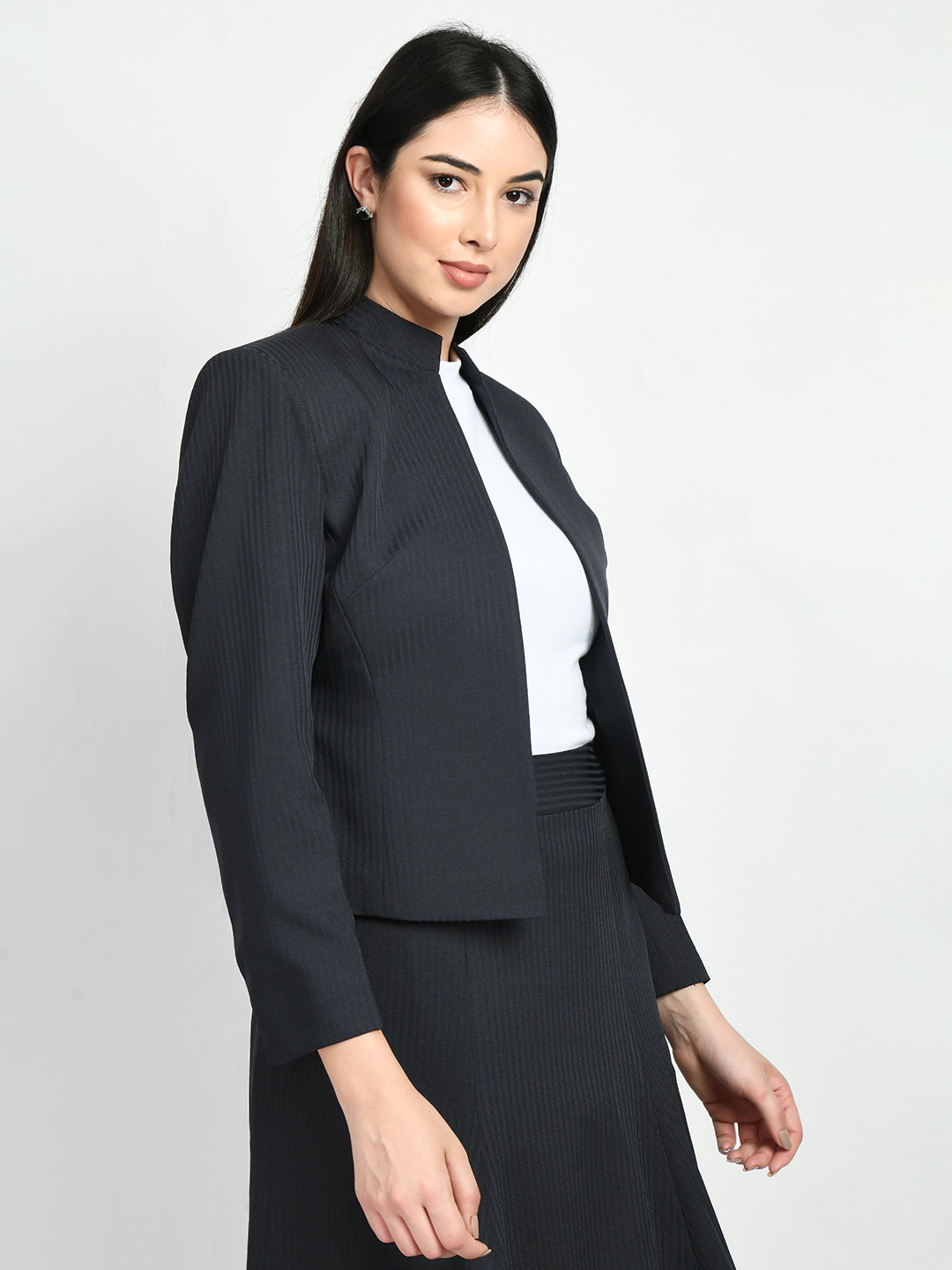 Exude Power Striped Mandarin Collar Short Blazer Navy Blazers