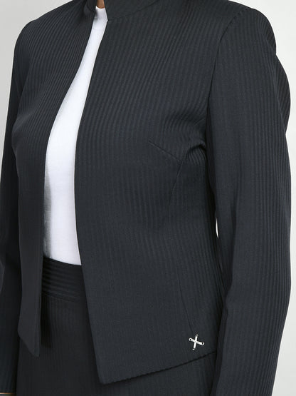 Exude Power Striped Mandarin Collar Short Blazer Navy Blazers