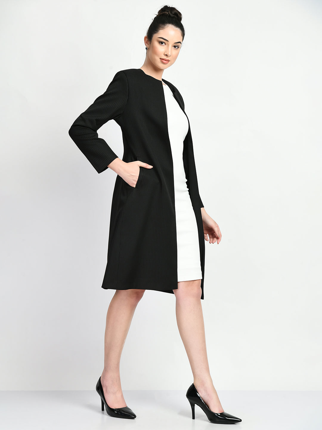 Exude Confidence Striped Long Blazer Black Blazers