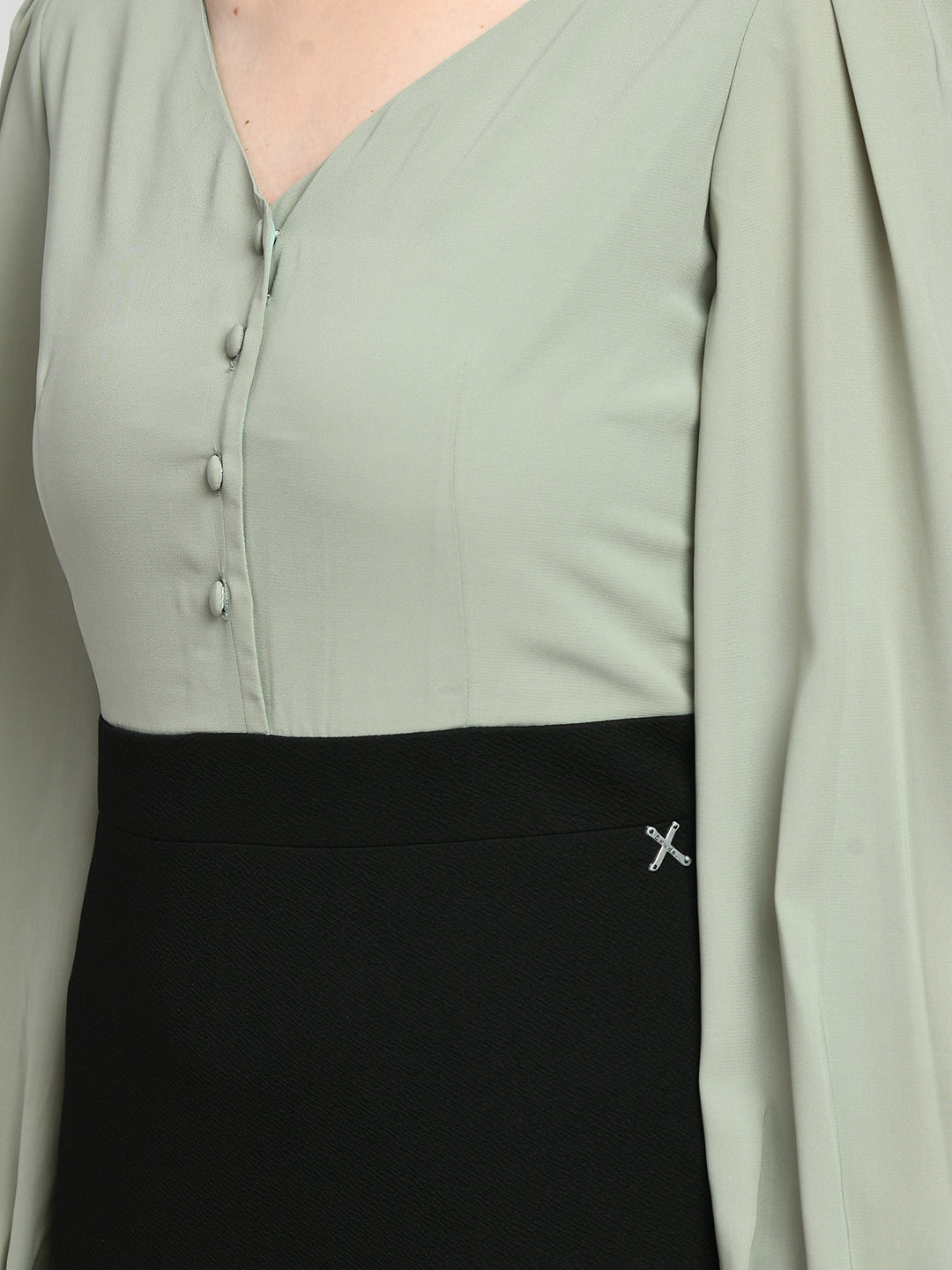 Exude Style Colour Blocked Sheath Dress (Black + Pista Green) Exude Style Colour Blocked Sheath Dress (Black + Pista Green)
