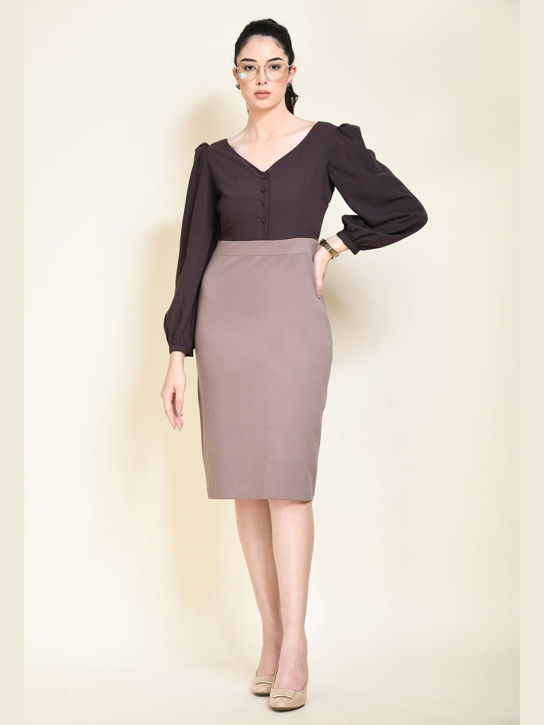 Exude Style Colour Blocked Sheath Dress (Camel Beige + Coffee Brown) Exude Style Colour Blocked Sheath Dress (Camel Beige + Coffee Brown)