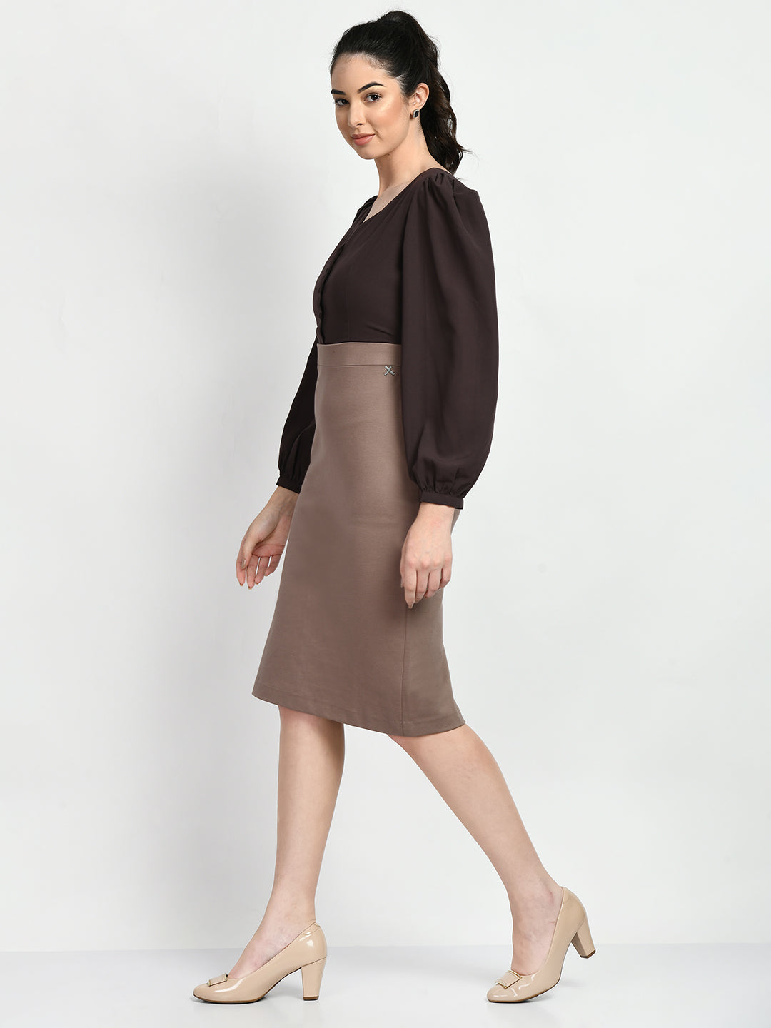 Exude Style Colour Blocked Sheath Dress (Camel Beige + Coffee Brown) Exude Style Colour Blocked Sheath Dress (Camel Beige + Coffee Brown)