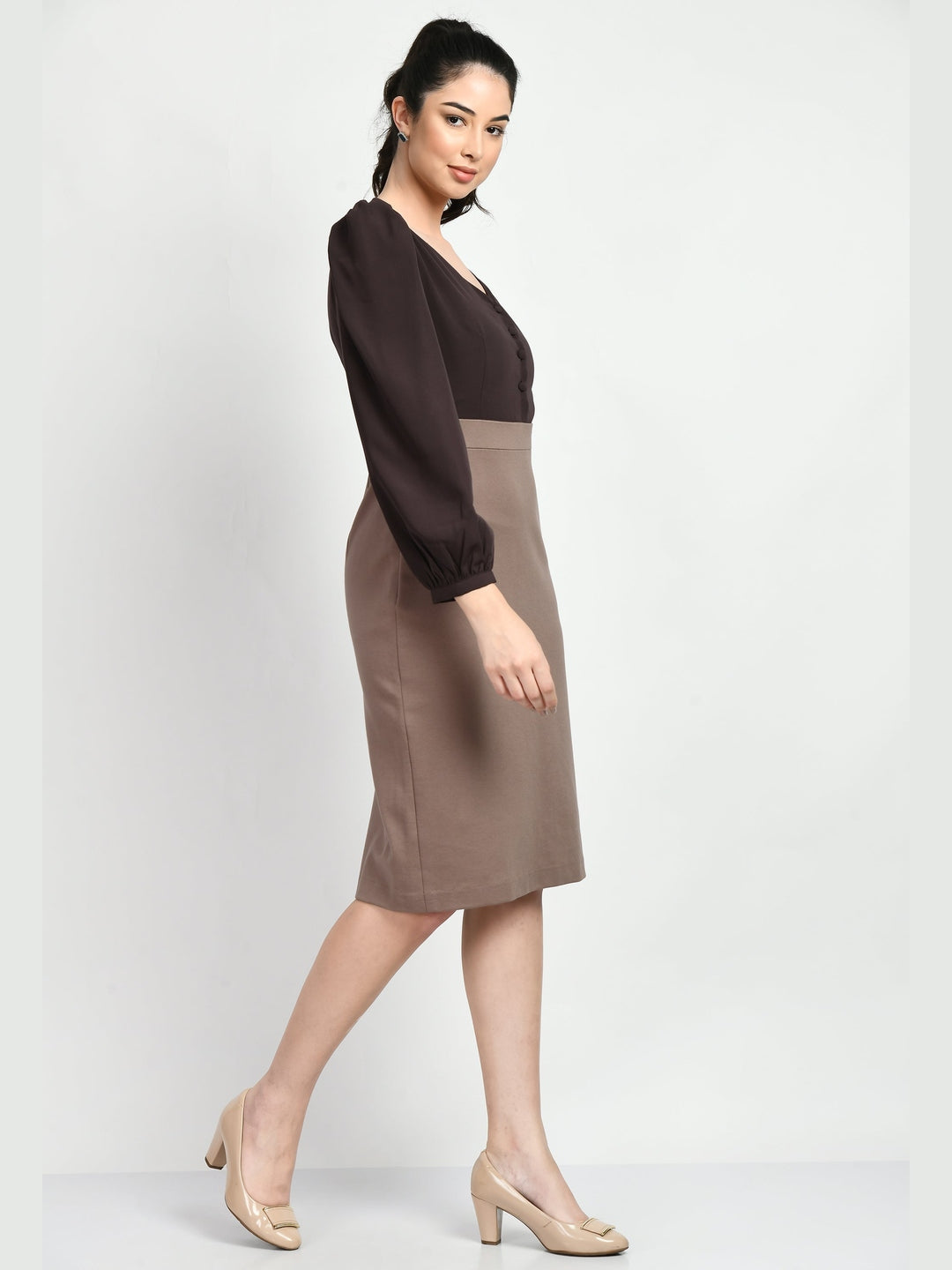 Exude Style Colour Blocked Sheath Dress (Camel Beige + Coffee Brown) Exude Style Colour Blocked Sheath Dress (Camel Beige + Coffee Brown)