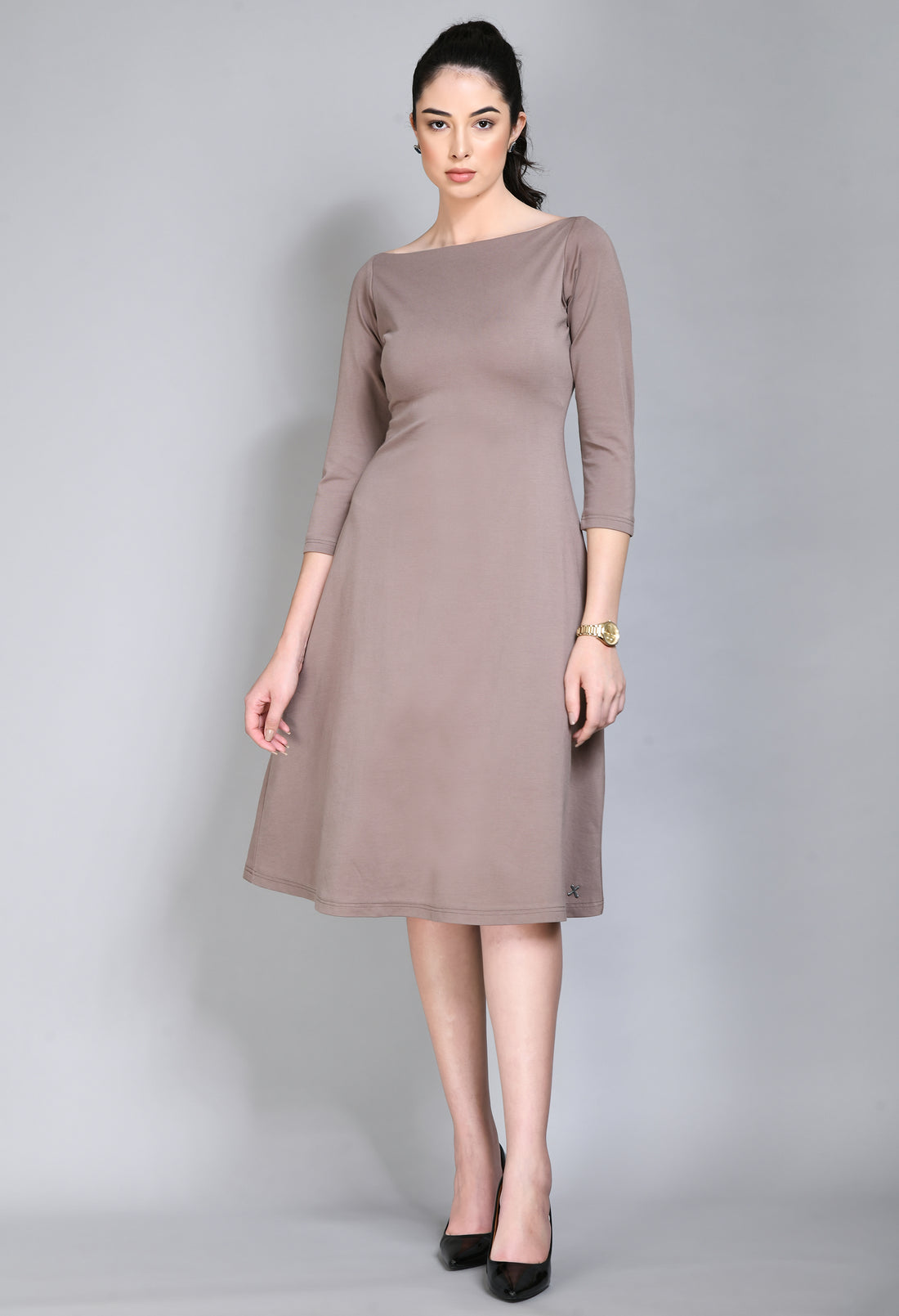 Exude Dignity Boat Neck A-line Dress (Camel Beige)