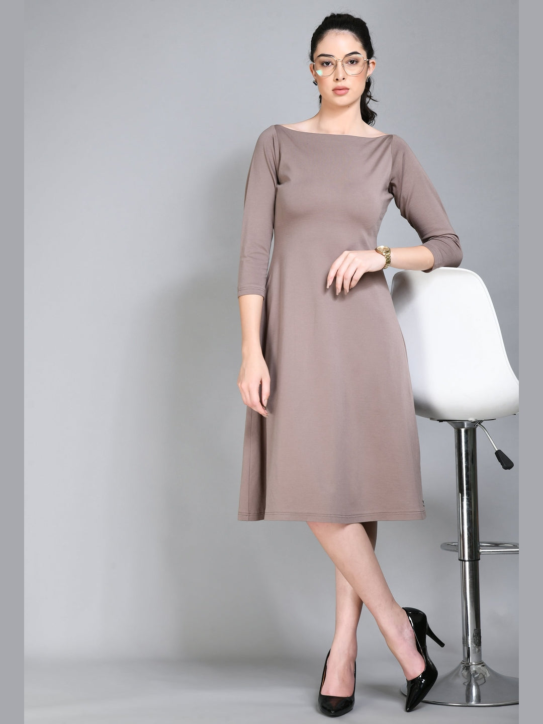 Exude Dignity Boat Neck A-line Dress (Camel Beige)