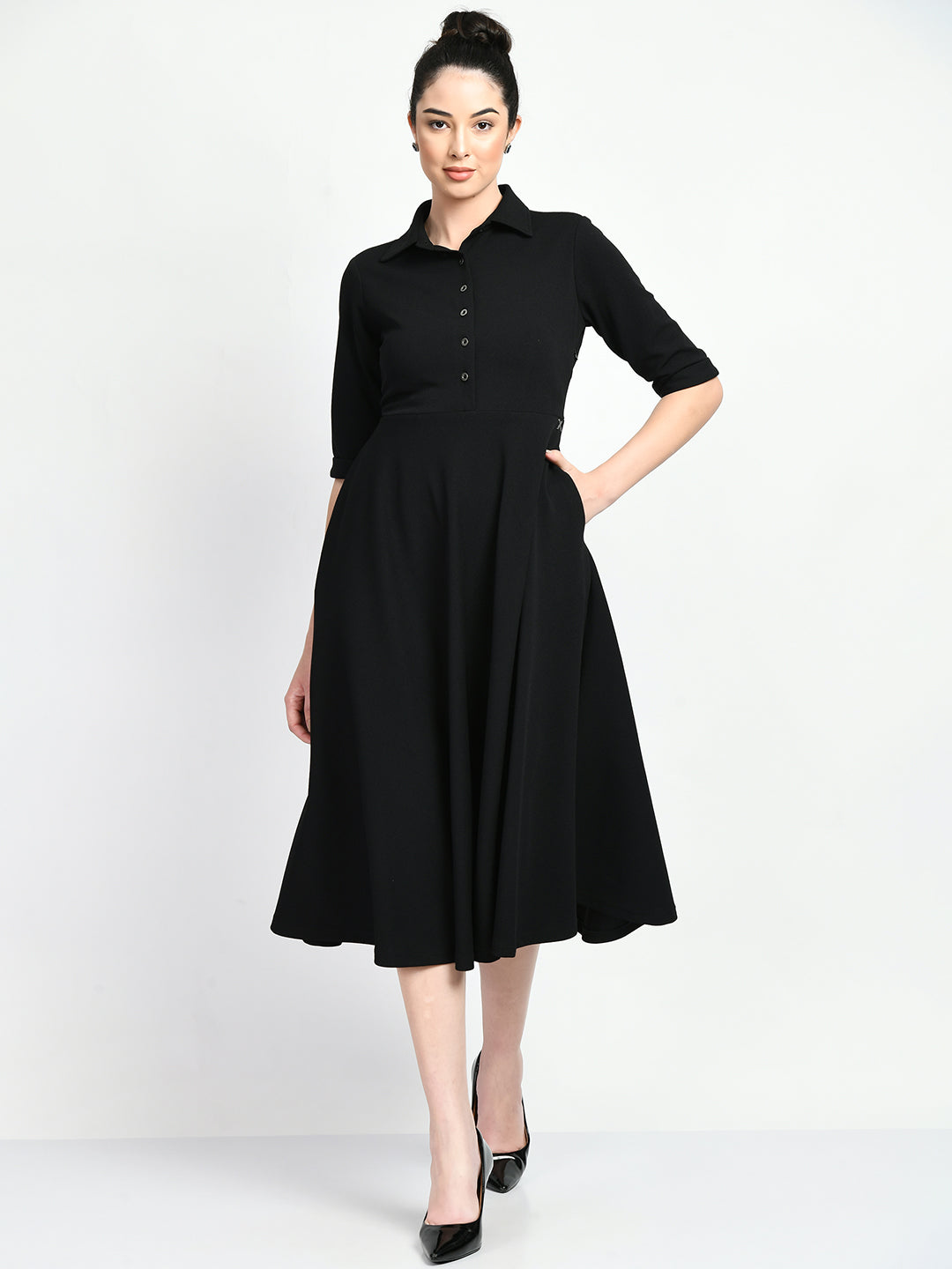 Exude Serenity Fit and Flared Shirt Midi Dress (Black)