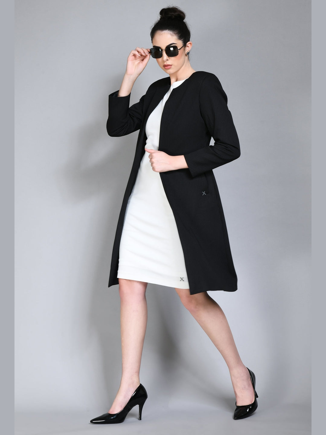 Exude Confidence Striped Long Blazer Black Blazers