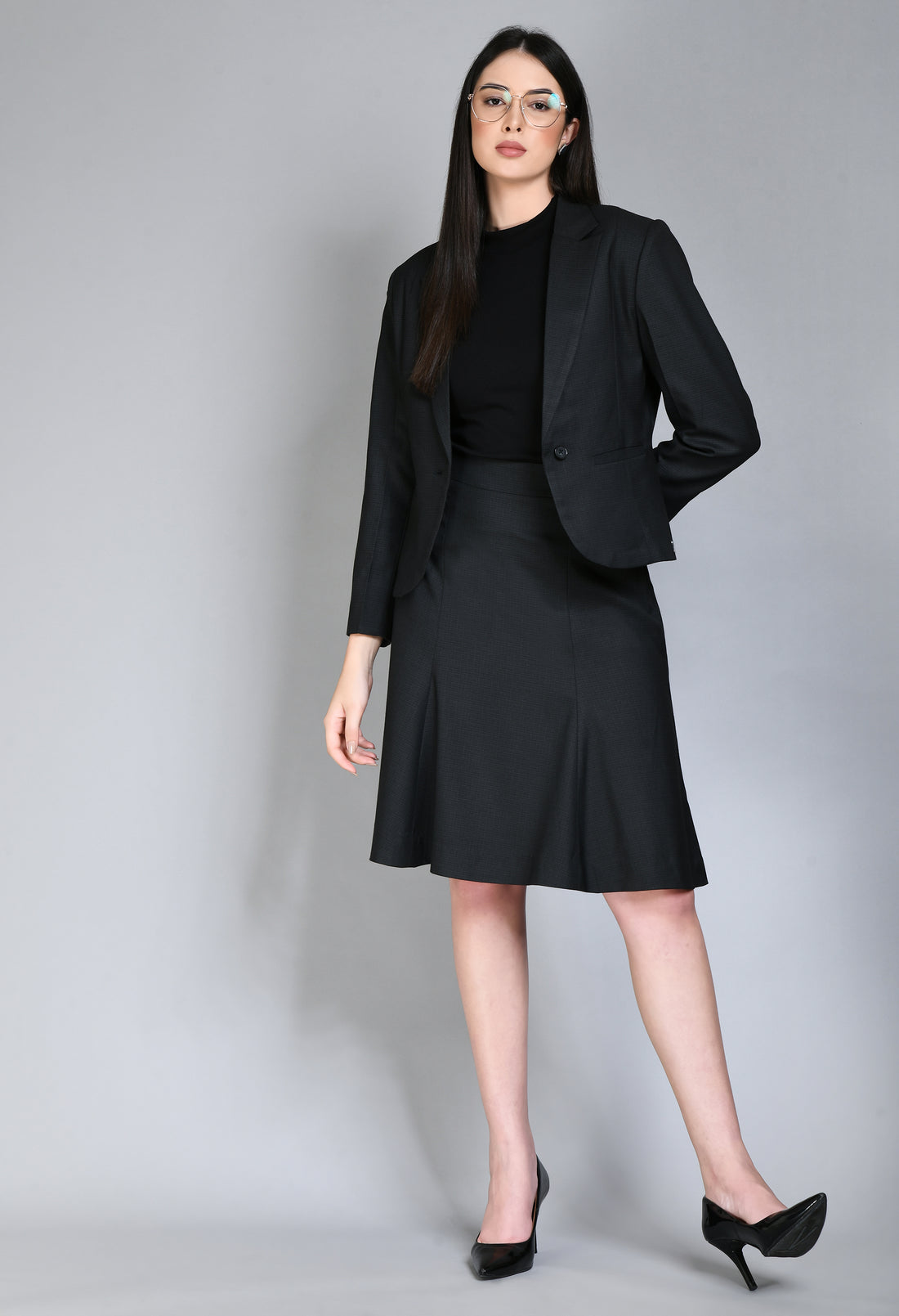 Exude Radiance Checked Short Blazer A-line Skirt Suit (Black)