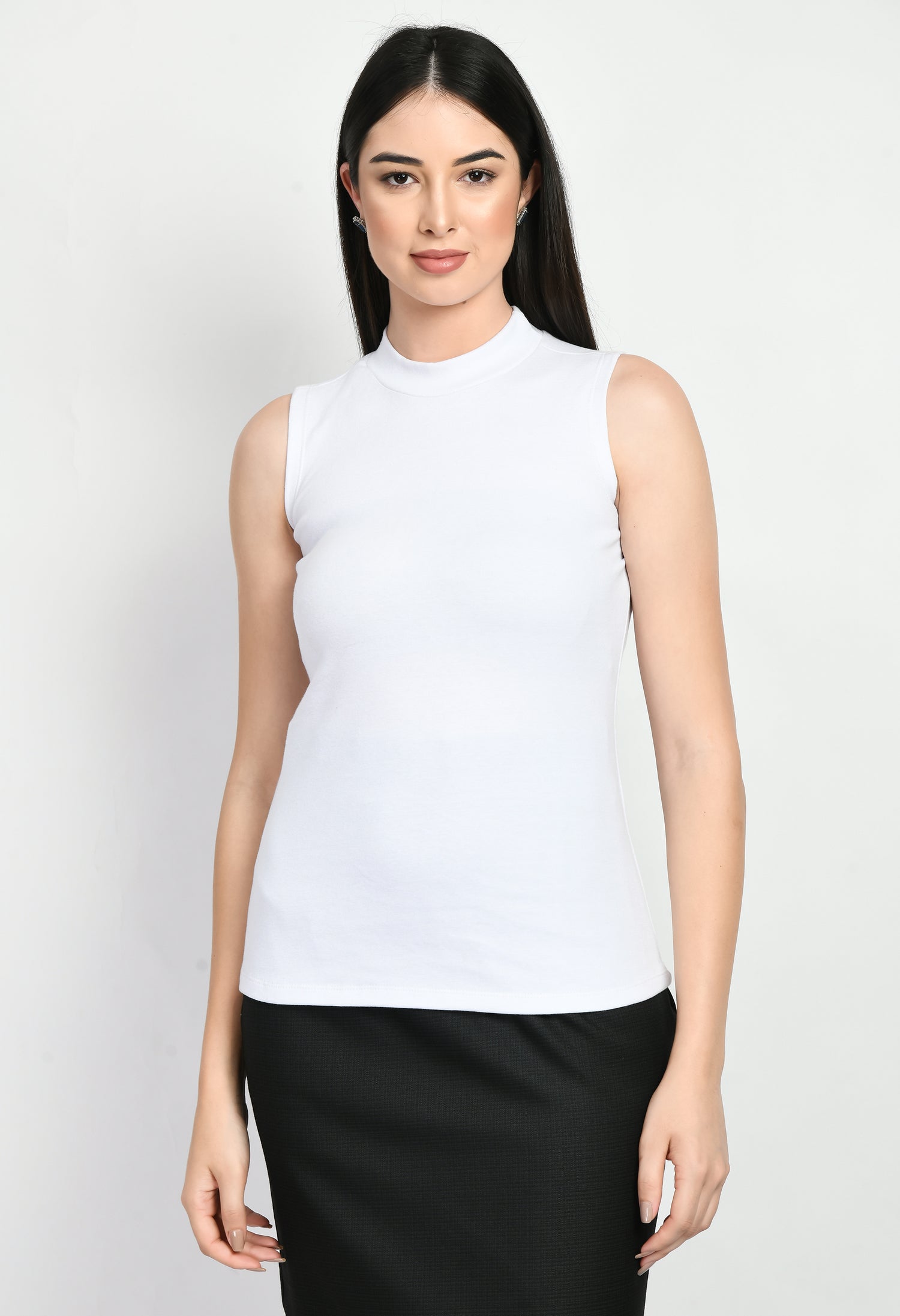 Exude Prudence High Neck Sleeveless T-shirt (White)