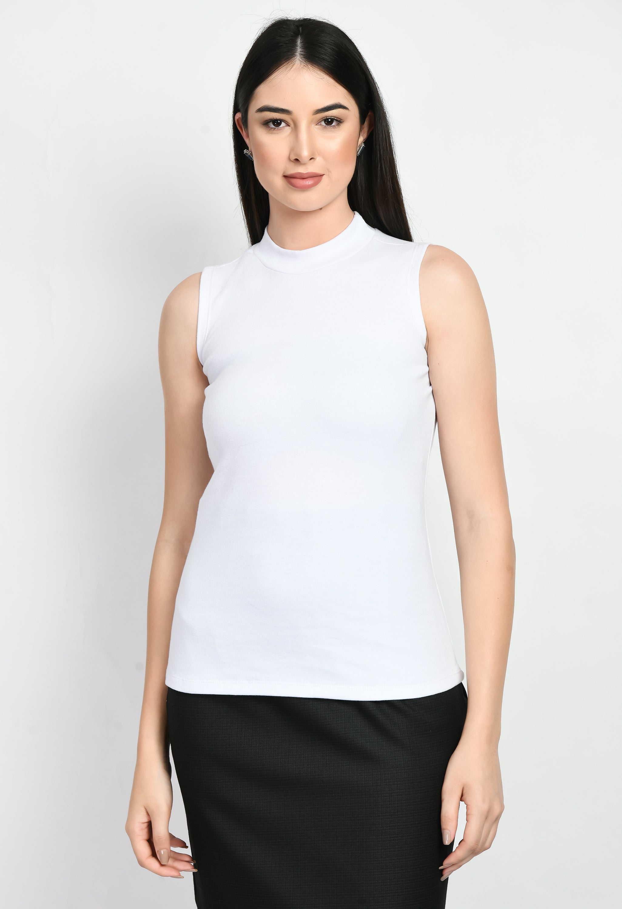 Exude Prudence High Neck Sleeveless T-shirt (White)