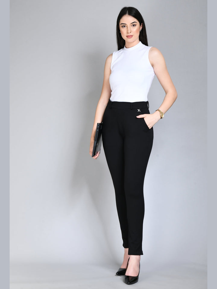 Exude Respect Solid 4 Way Stretch Slim Trousers Black Trouser