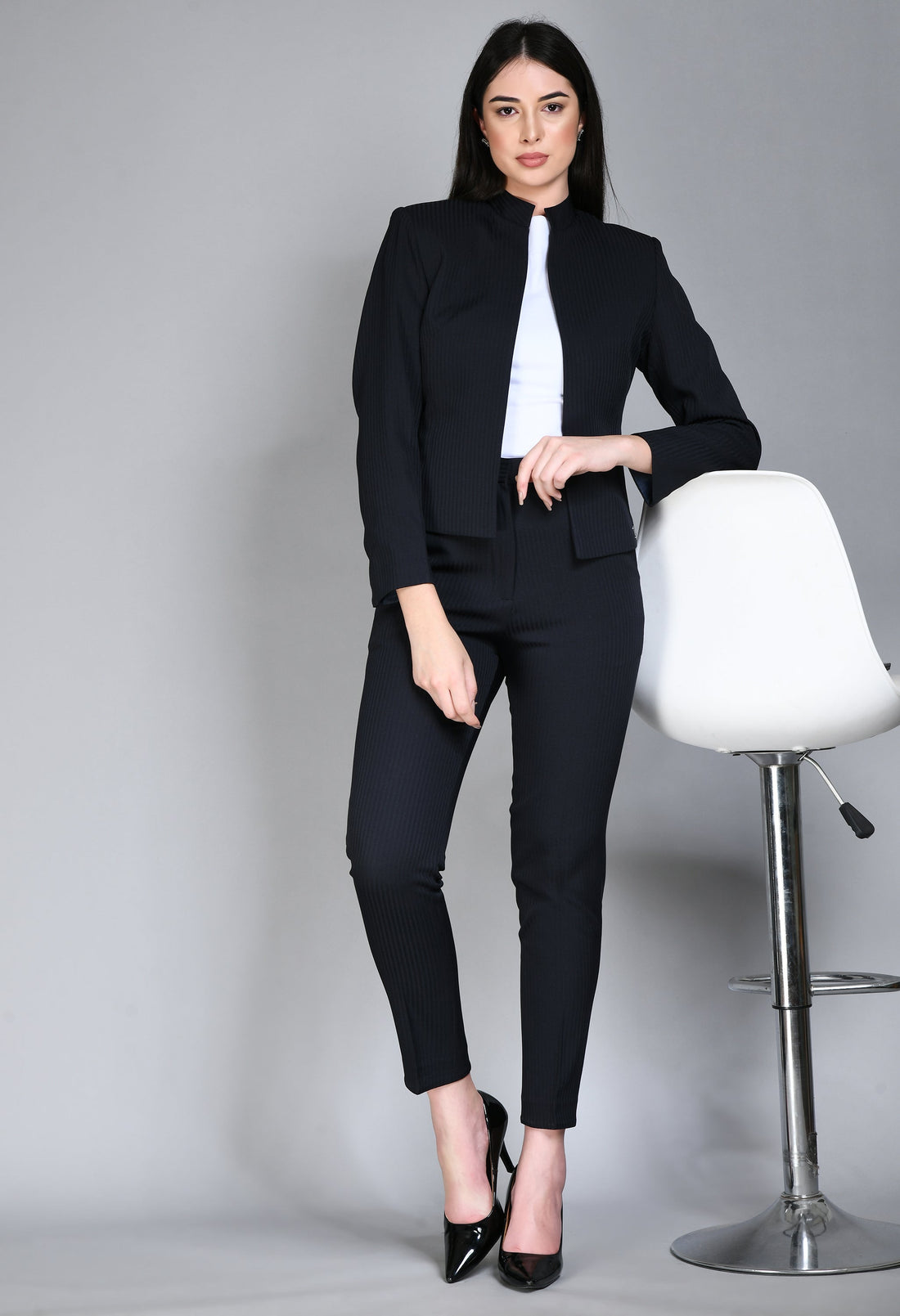 Exude Fearlessness Striped Short Blazer Pant Suit (Navy)