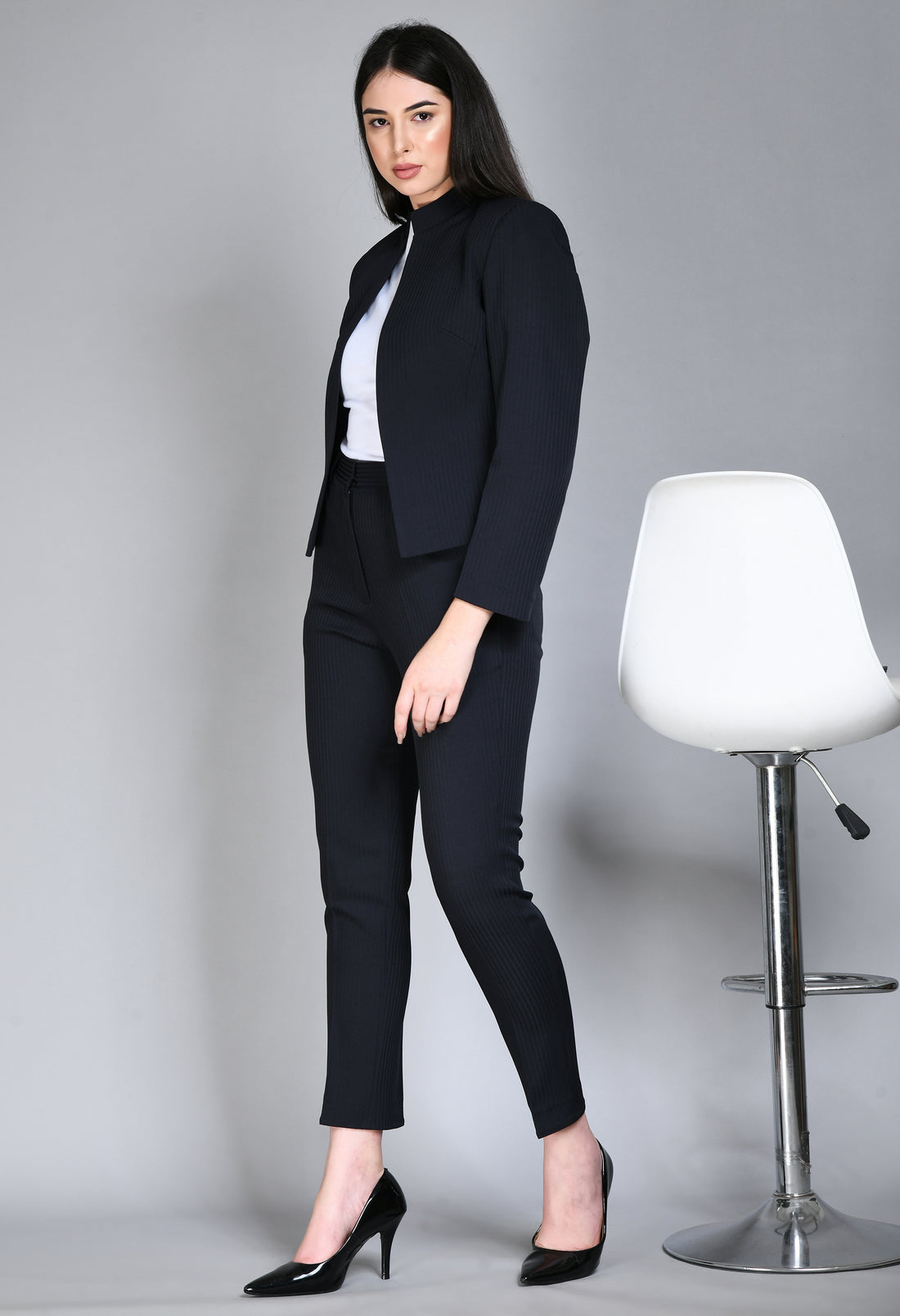 Exude Fearlessness Striped Short Blazer Pant Suit (Navy)