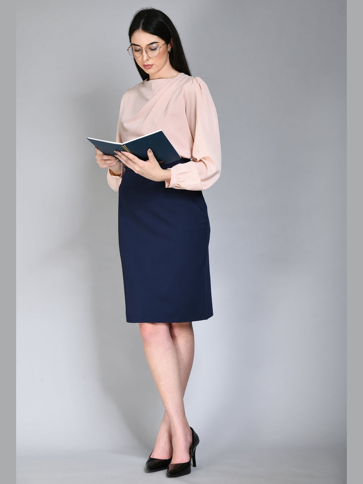 Exude Leadership Solid 4 Way Stretch Pencil Skirt Navy Skirt