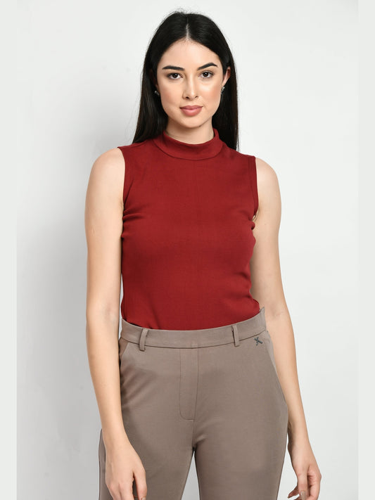 Exude Prudence High Neck Sleeveless T-shirt (Red)